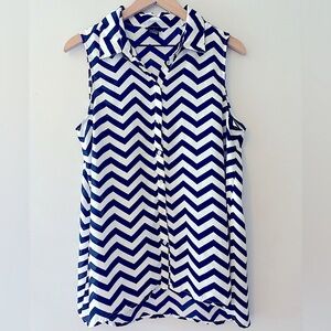 Blue and White Chevron Button Up Blouse